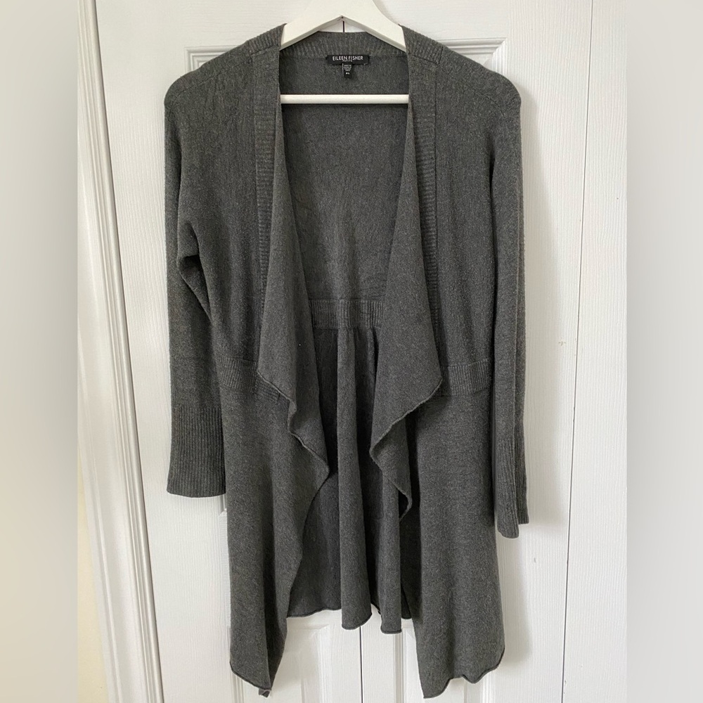 Eileen Fisher Open Front Cardigan Fitted Sleeves Soft Grey Size Petite Small
